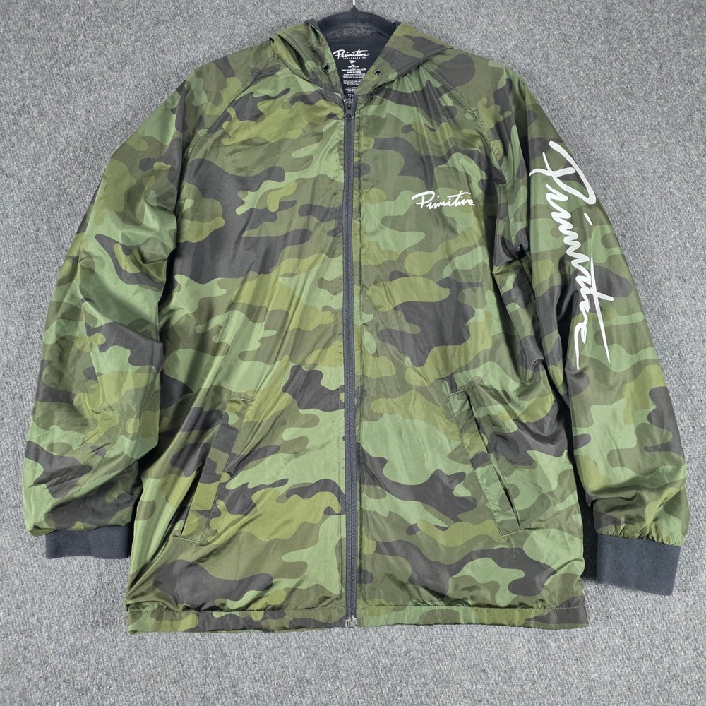 Primitive Windbreaker Jacket Mens Medium Green Camo Full Zip Hooded‎ Script Logo